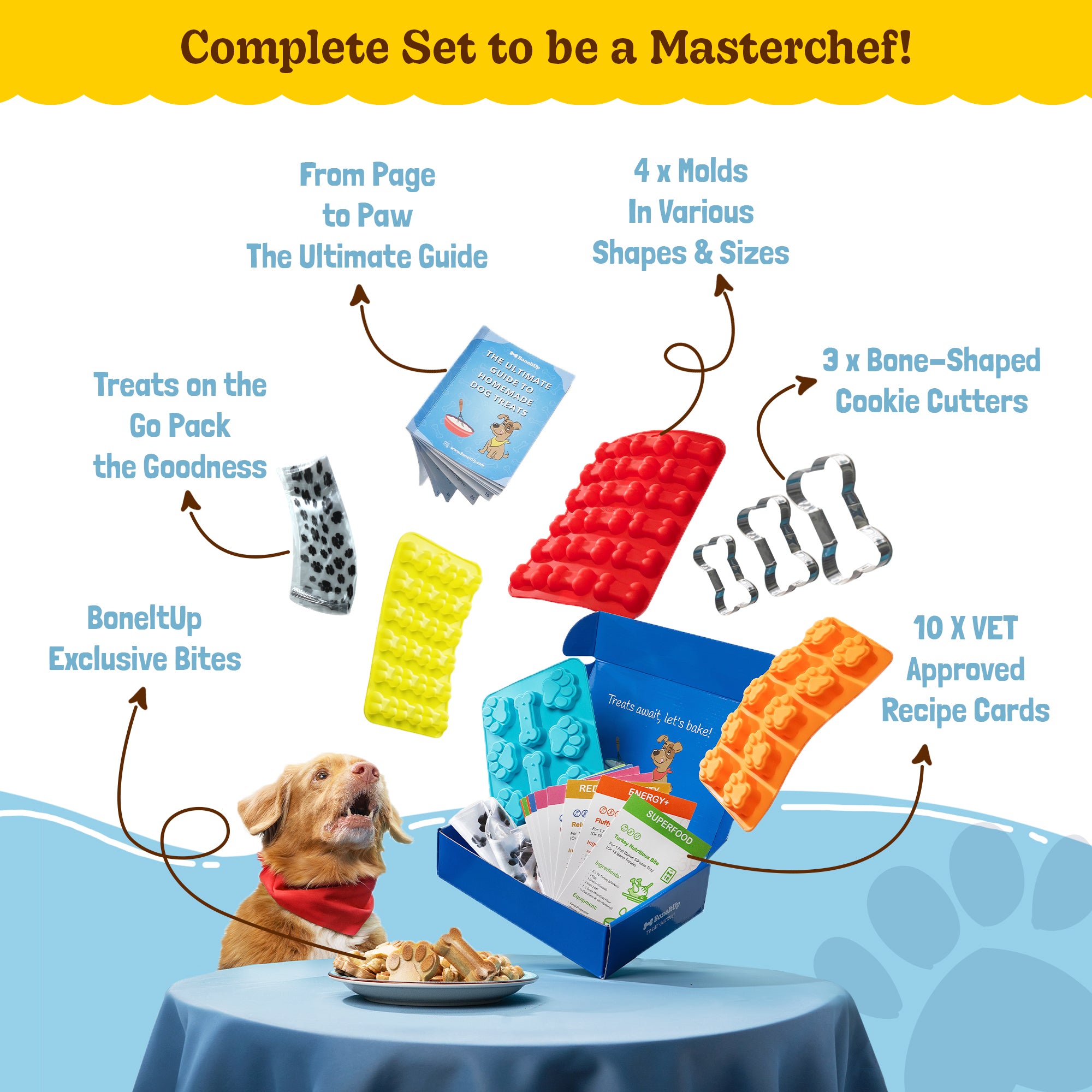 All-in-One Dog Treat Baking Kit with Silicone Molds, Cookie Cutters, Recipe Book & Gift Bags – Make Homemade Dog Biscuits with Ease & Love