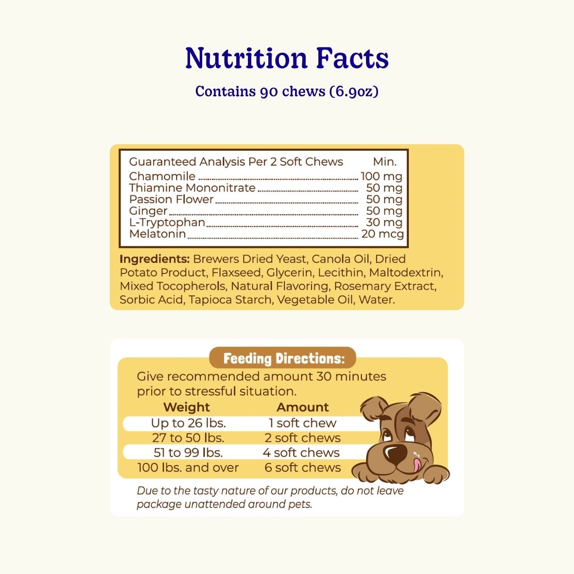 Pet supplement nutrition facts and feeding directions for chews, including ingredients and dosage based on weight.