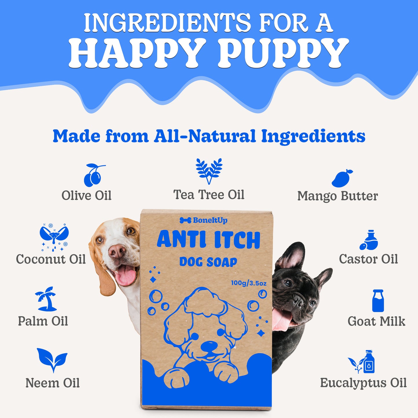 Anti-Itch Dog Soap Bars (2 Pack) – All-Natural Shampoo with Tea Tree, Lavender & Eucalyptus Oils – 100g each/3.5oz