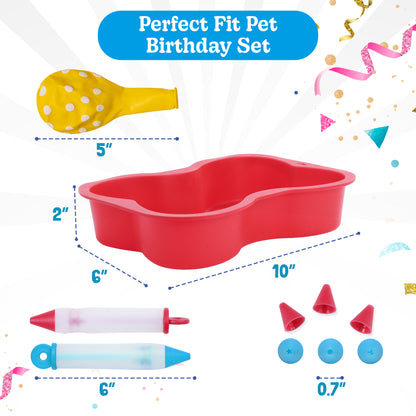 BoneItUp Dog Birthday Cake Kit - Bake Birthday Cakes for Dogs - Dog Party Supplies Set with - Large Cake Mold, 3 Vet-Backed Cake Recipes, 2 Drawing Pens, 10 Balloons, Birthday Hat & Bow