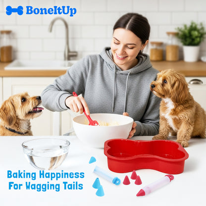 BoneItUp Dog Birthday Cake Kit - Bake Birthday Cakes for Dogs - Dog Party Supplies Set with - Large Cake Mold, 3 Vet-Backed Cake Recipes, 2 Drawing Pens, 10 Balloons, Birthday Hat & Bow